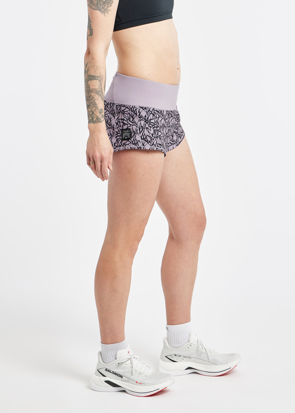 Roga 1.75" Running Shorts in Light Purple Lavender print, side view