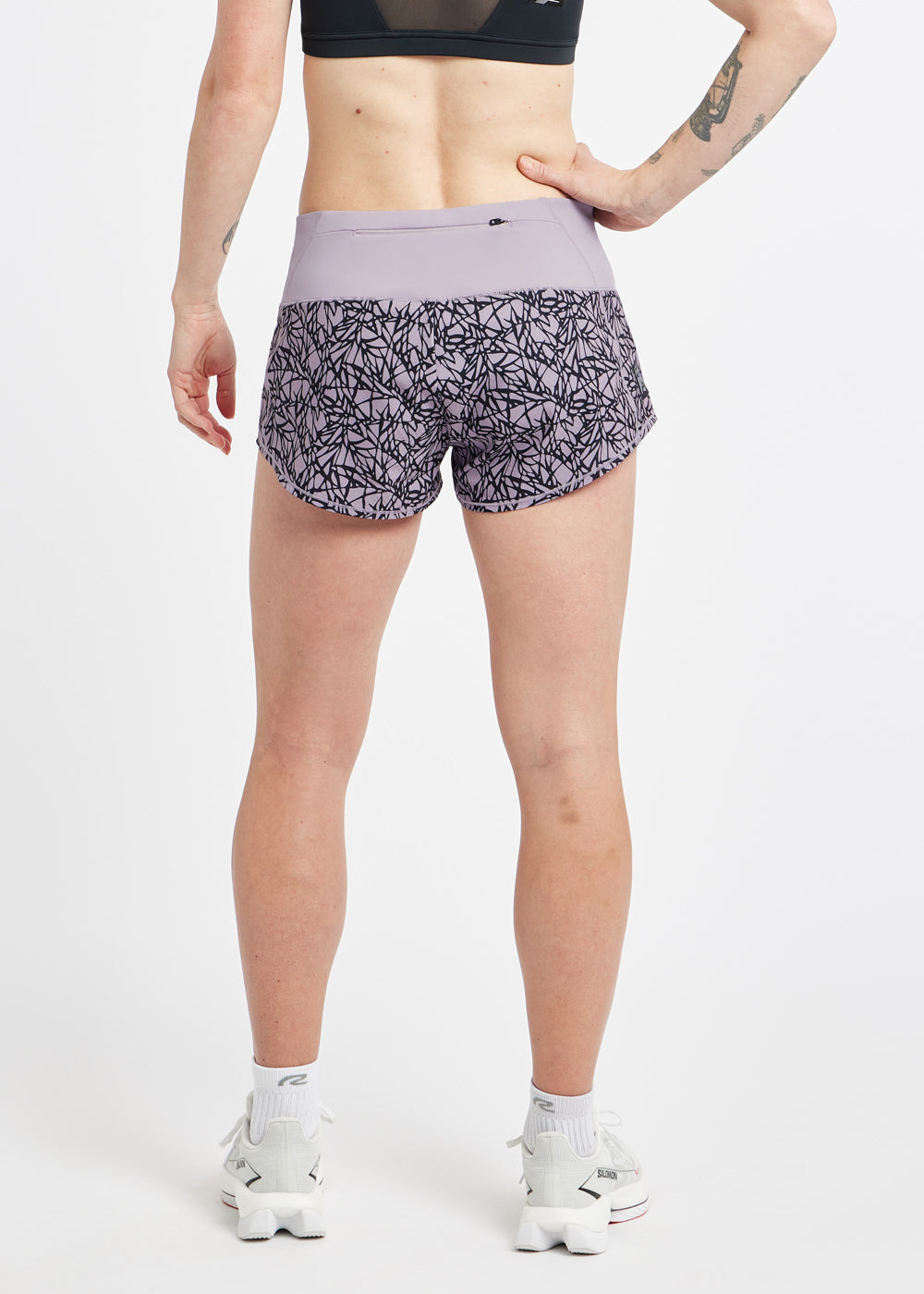 Roga 1.75" Running Shorts in Light Purple Lavender print, back view