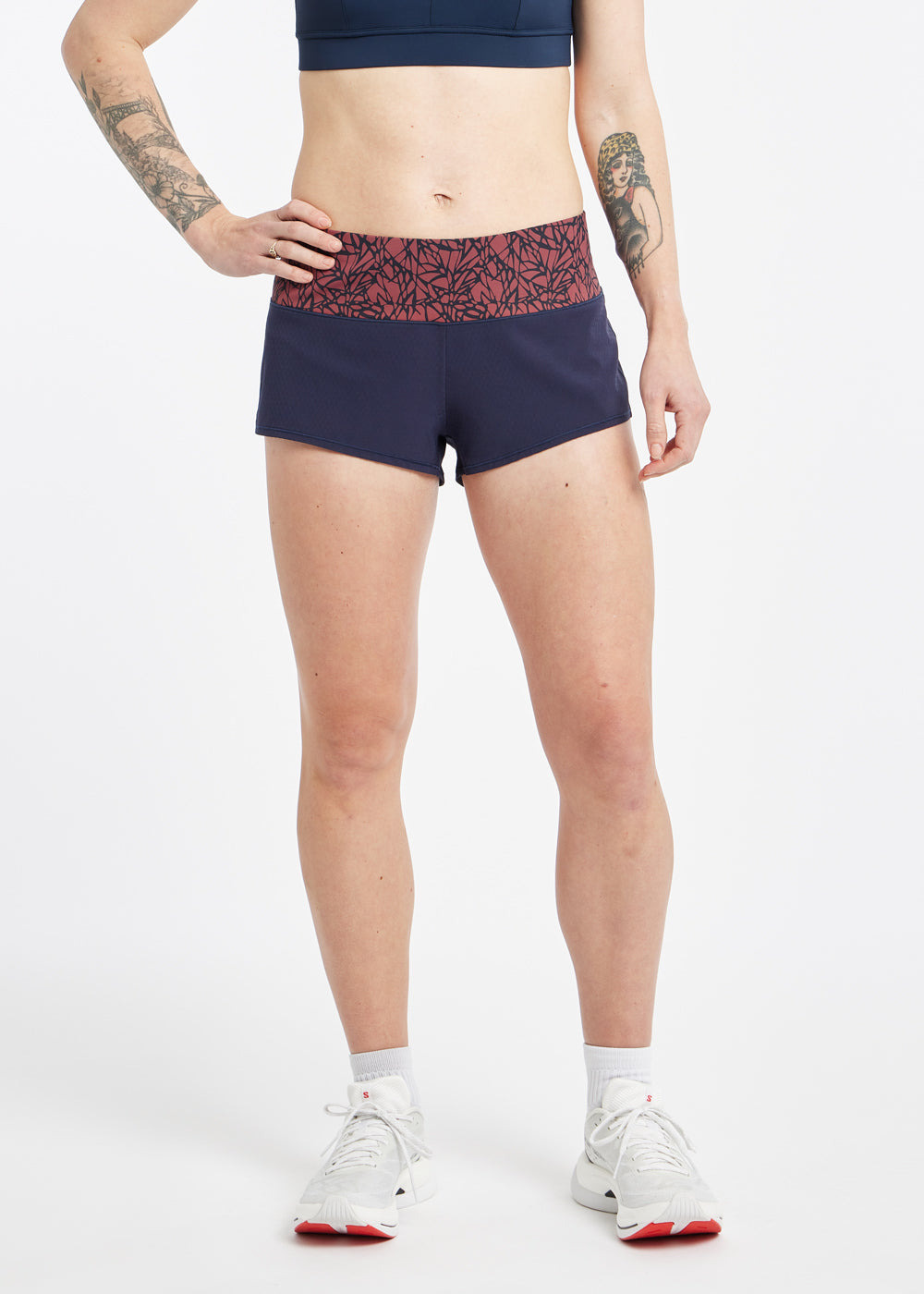Roga 1.75" Running Shorts in navy with maroon waistband, front view