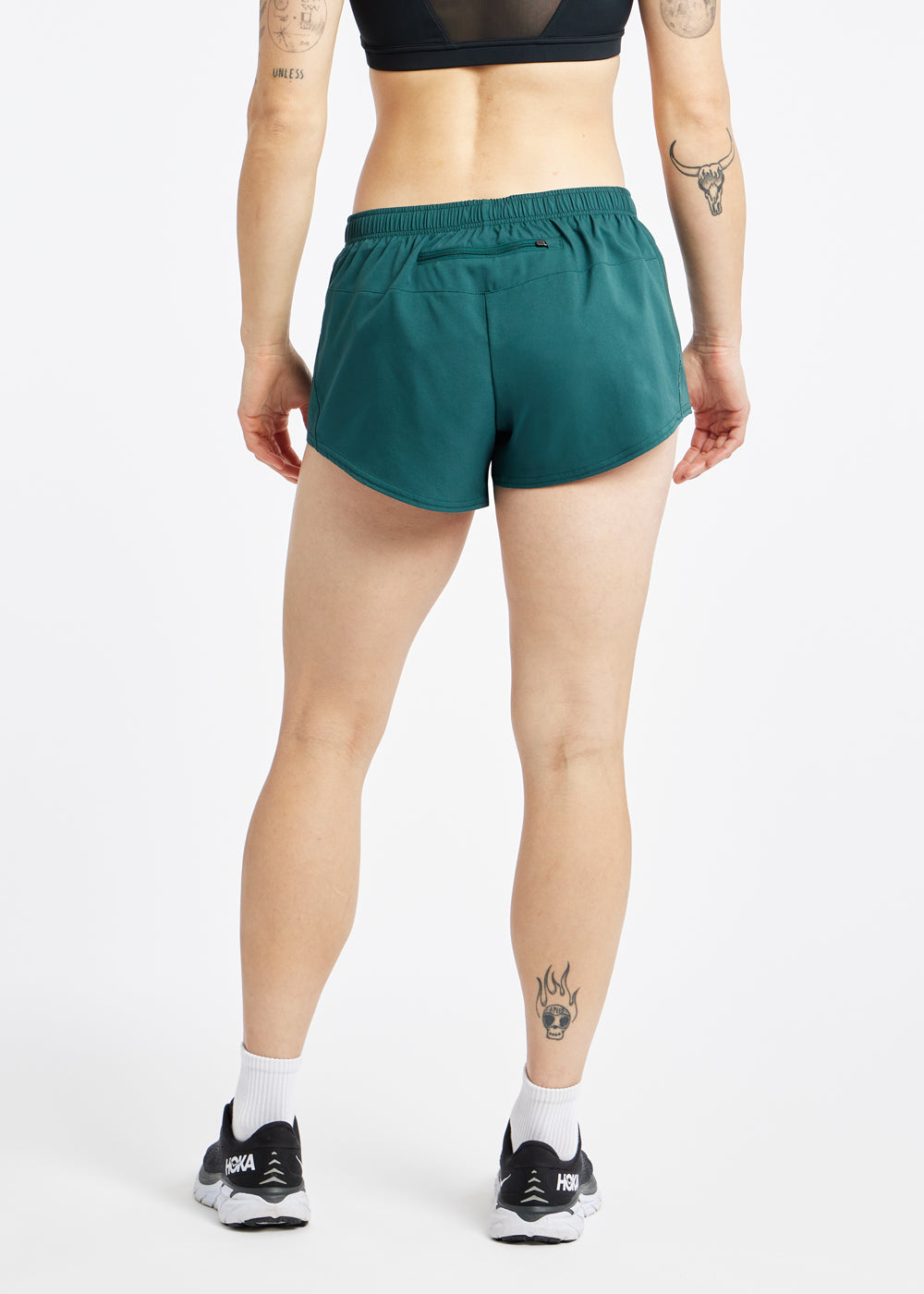 OG Distance 3.25" Running Shorts in Juniper green, back view