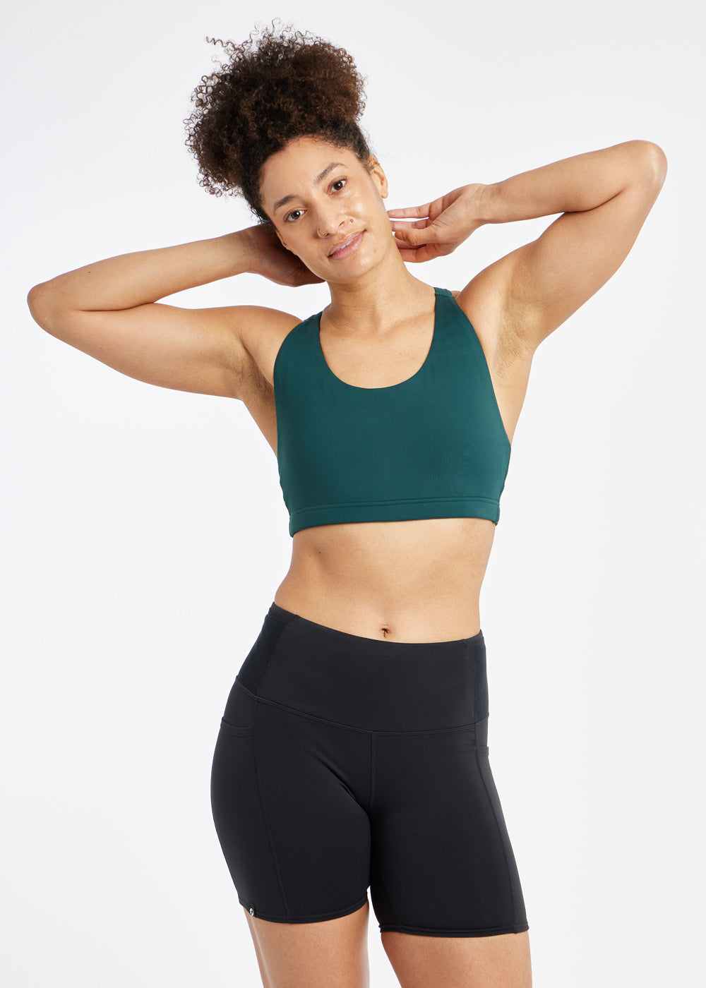 Open Lane Sports Bra in Juniper Green, front view