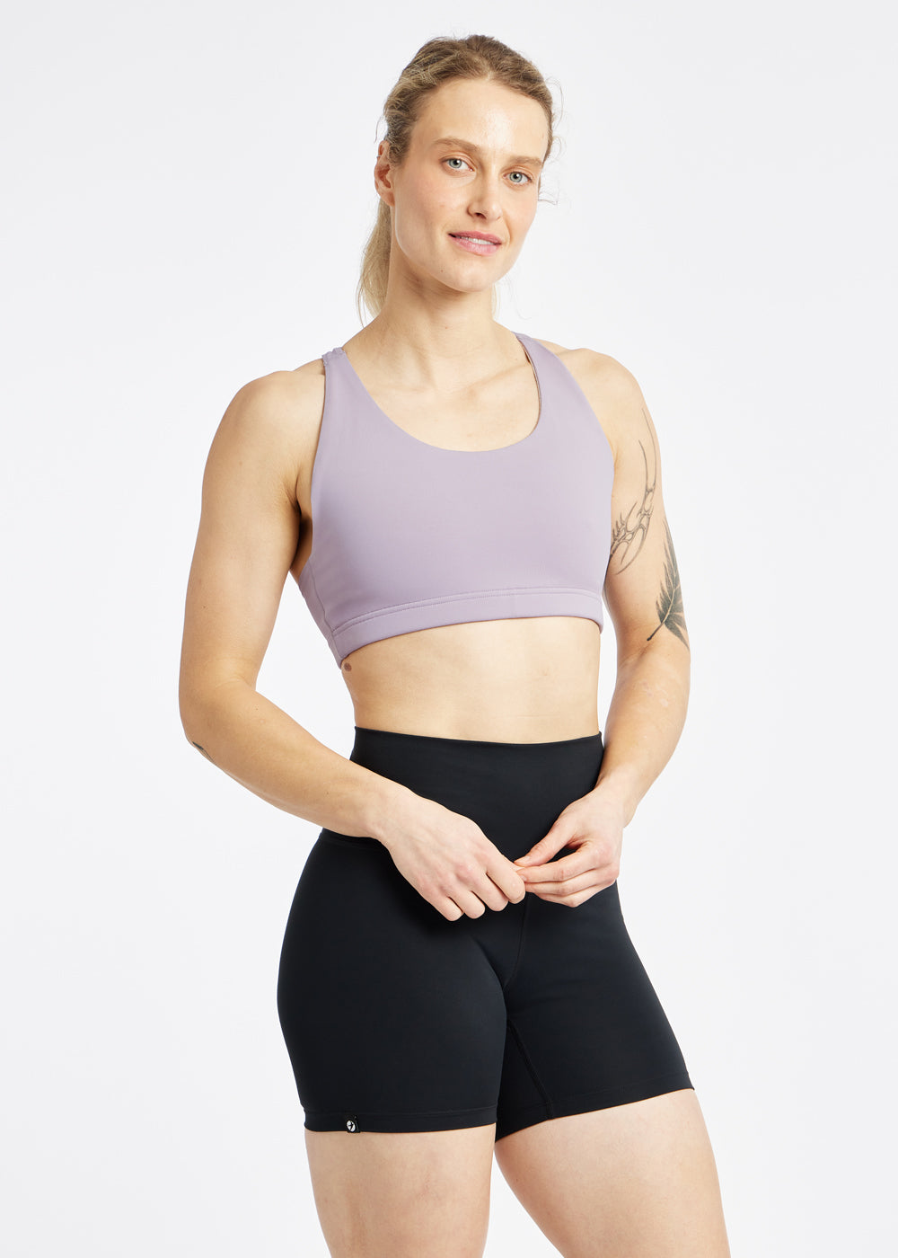 Open Lane Sports Bra in Dusty Lavender Purple, front view
