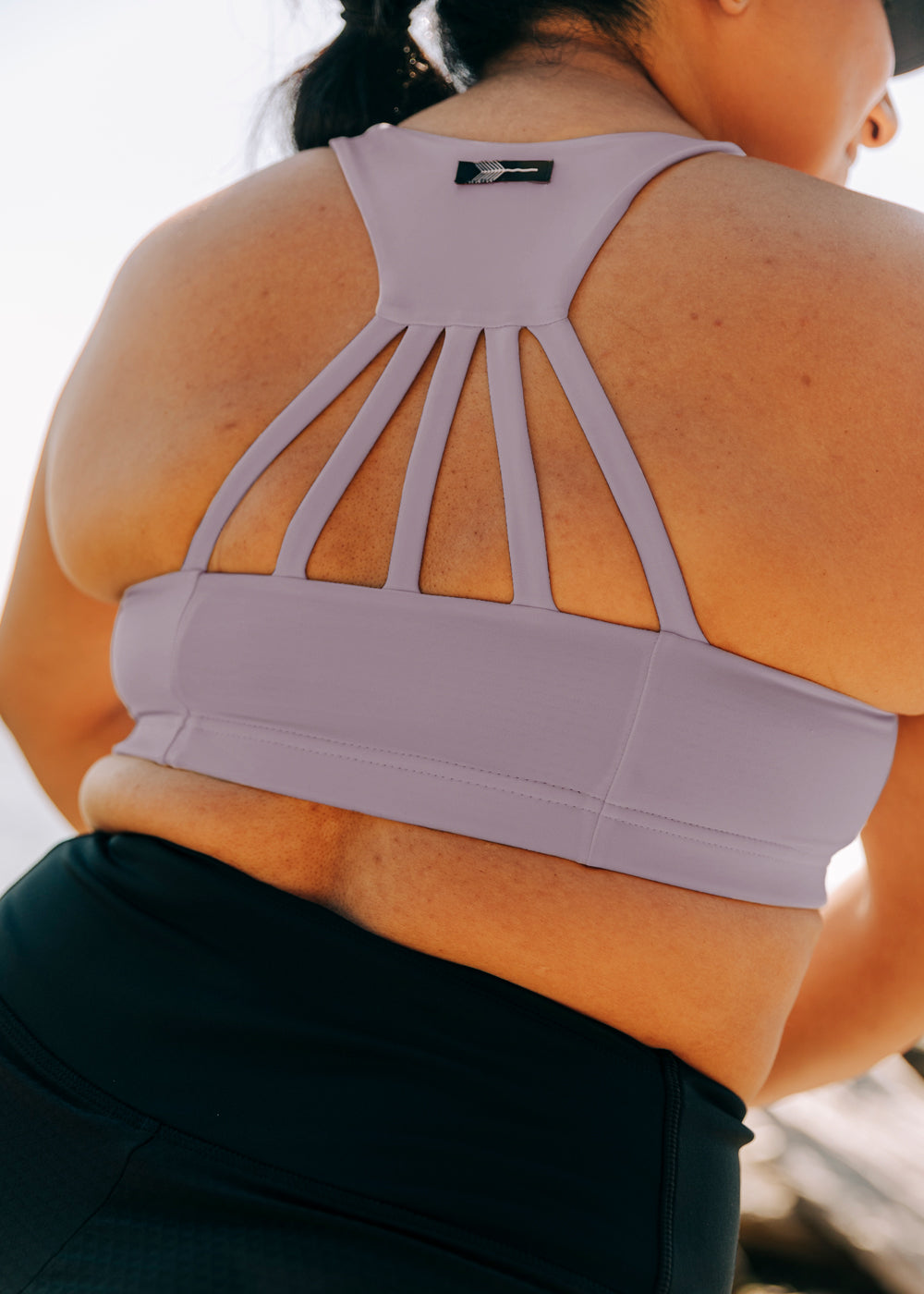 Open Lane Sports Bra in Dusty Lavender Purple, back detail view
