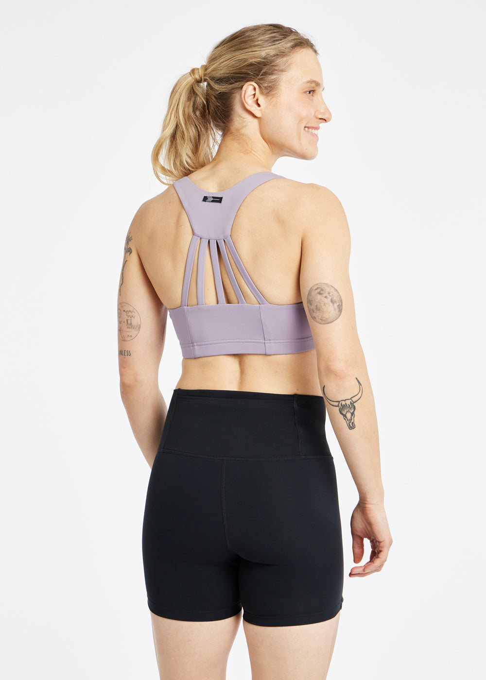 Open Lane Sports Bra in Dusty Lavender Purple, back view