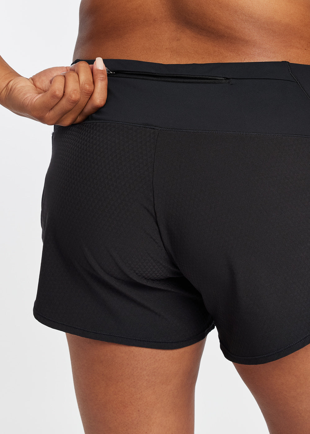 Roga Running Shorts in Black, rear zip waist pocket detail view