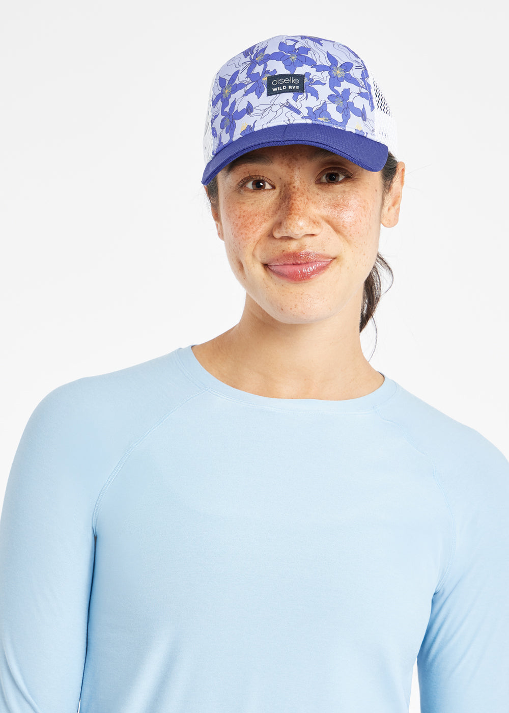 Runner Trucker Hat in Aquila Bloom Blue Print, front view