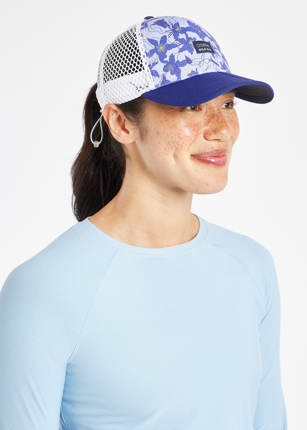 Runner Trucker Hat in Aquila Bloom Blue Print, side view