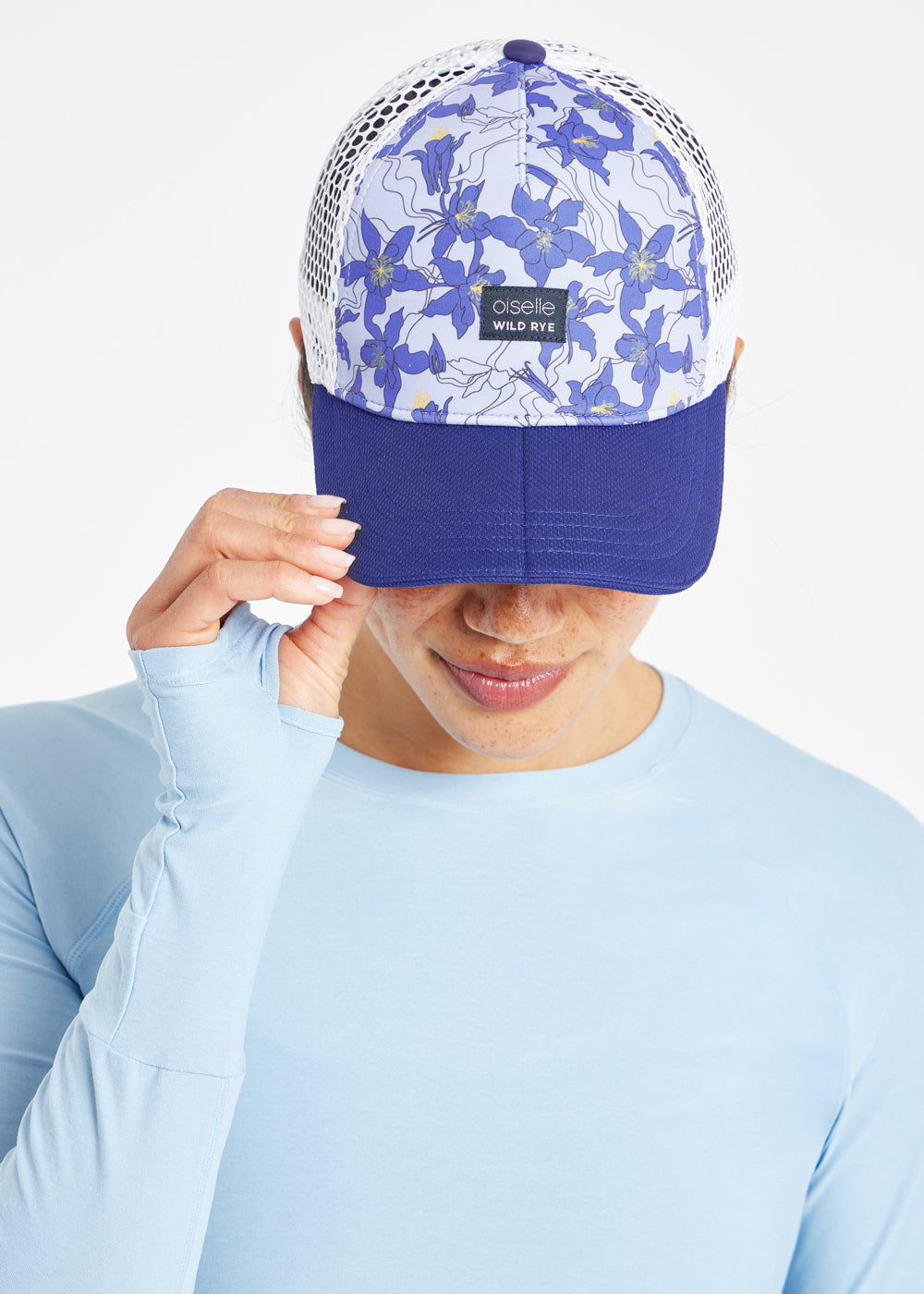 Runner Trucker Hat in Aquila Bloom Blue Print, front panel view
