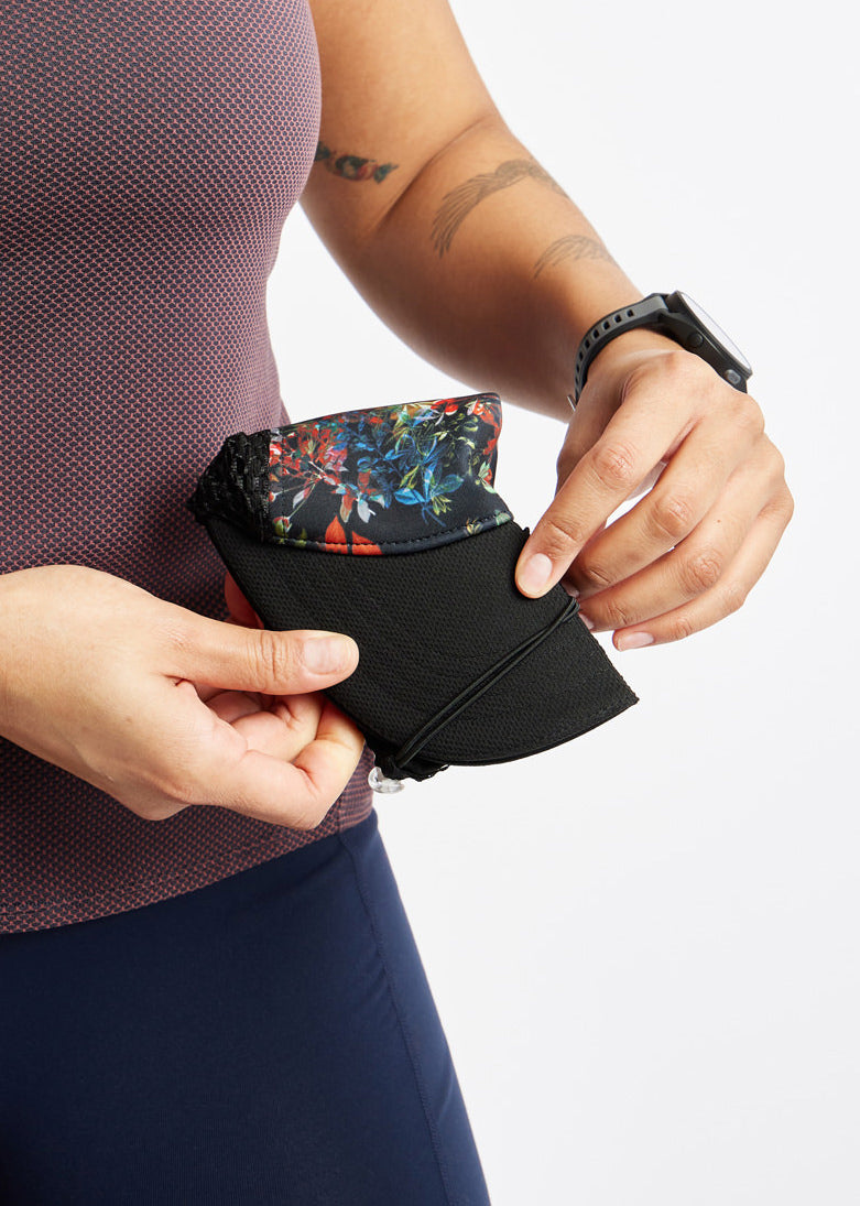 Runner Trucker Hat in Dark Floral Print, foldable detail view