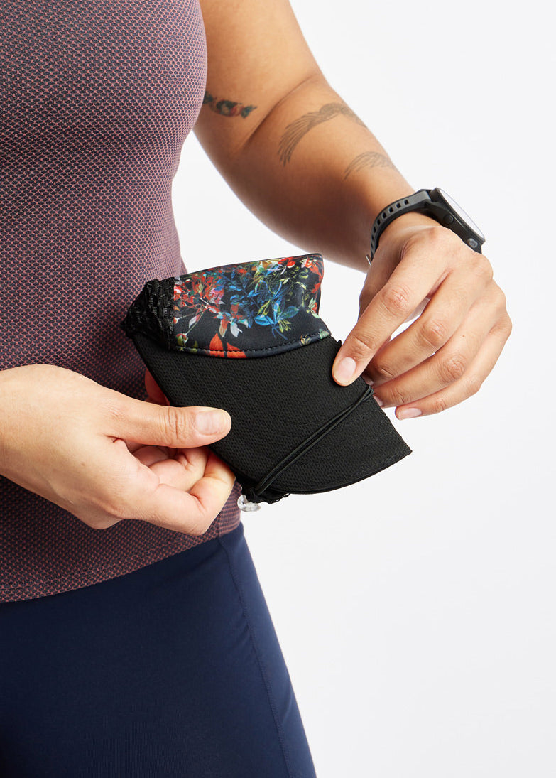 Runner Trucker Hat in Dark Floral Print, foldable detail view