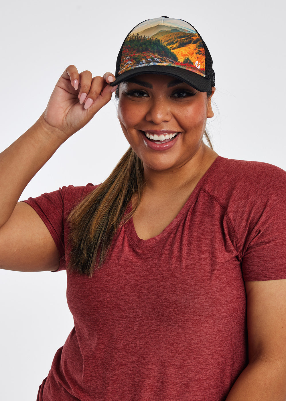 Runner Trucker Hat, panel design of Mt. Baker in fall photo, front view