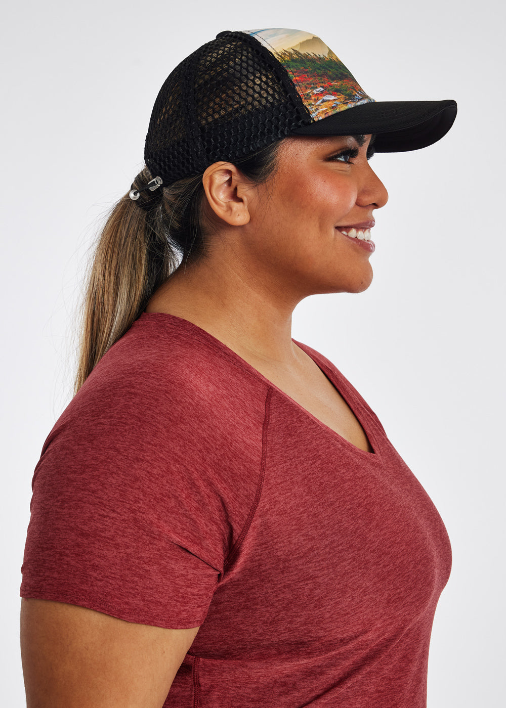 Runner Trucker Hat, panel design of Mt. Baker in fall photo, side view