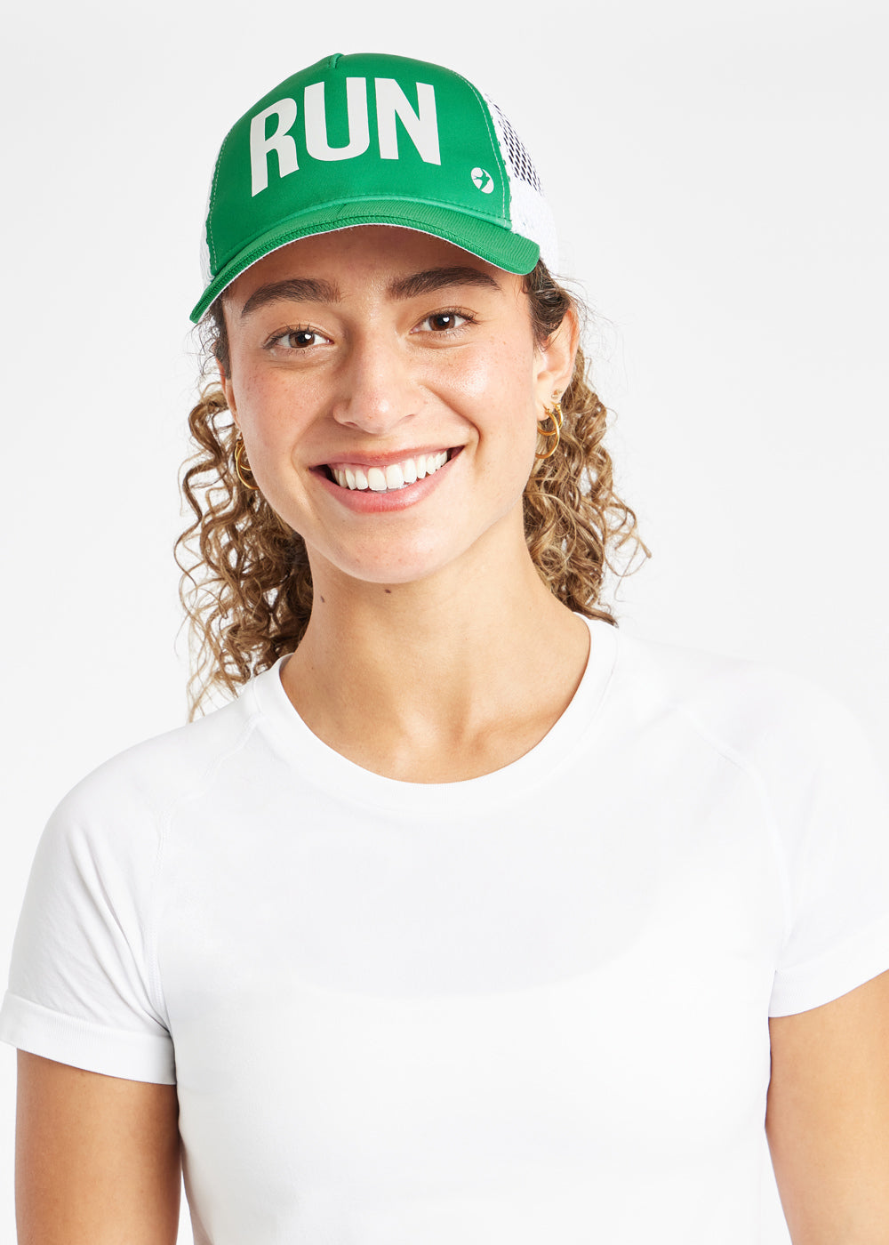 Runner Trucker Hat in Green with RUN on front panel, front view