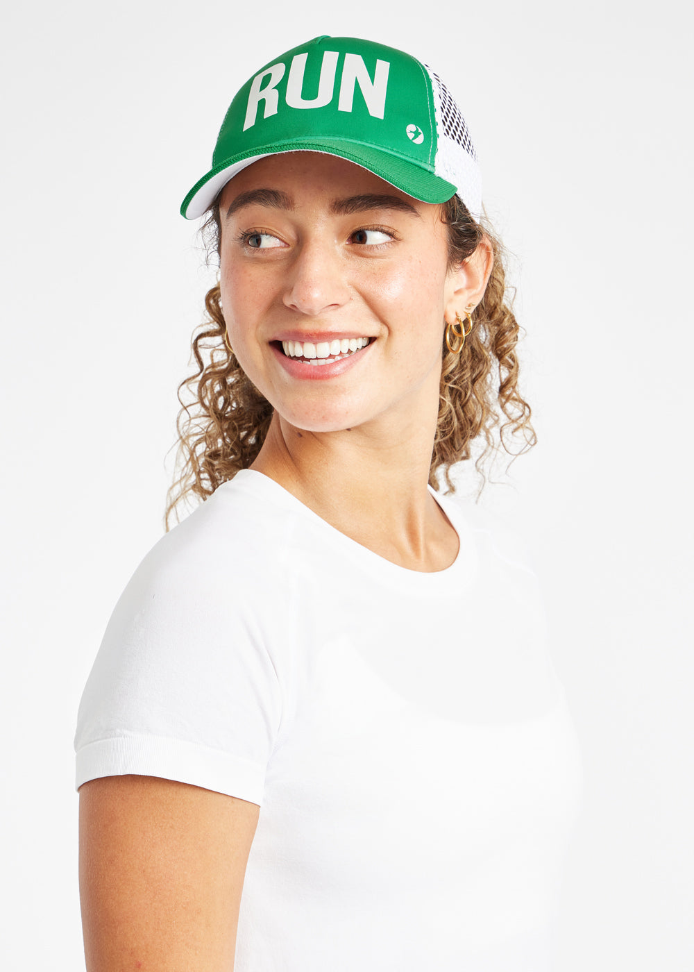 Runner Trucker Hat in Green with RUN on front panel, side view
