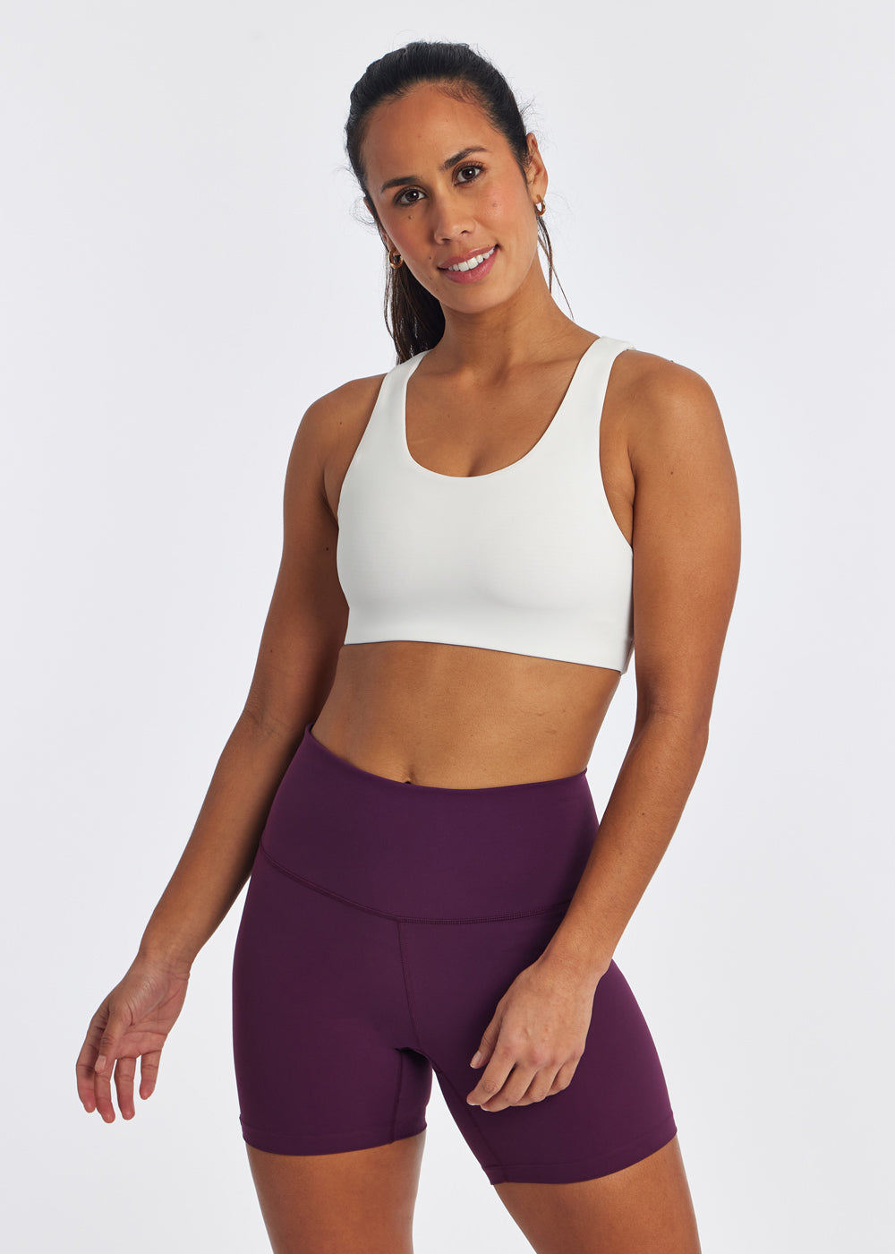Squared Up Open Back Sports Bra in White, front view