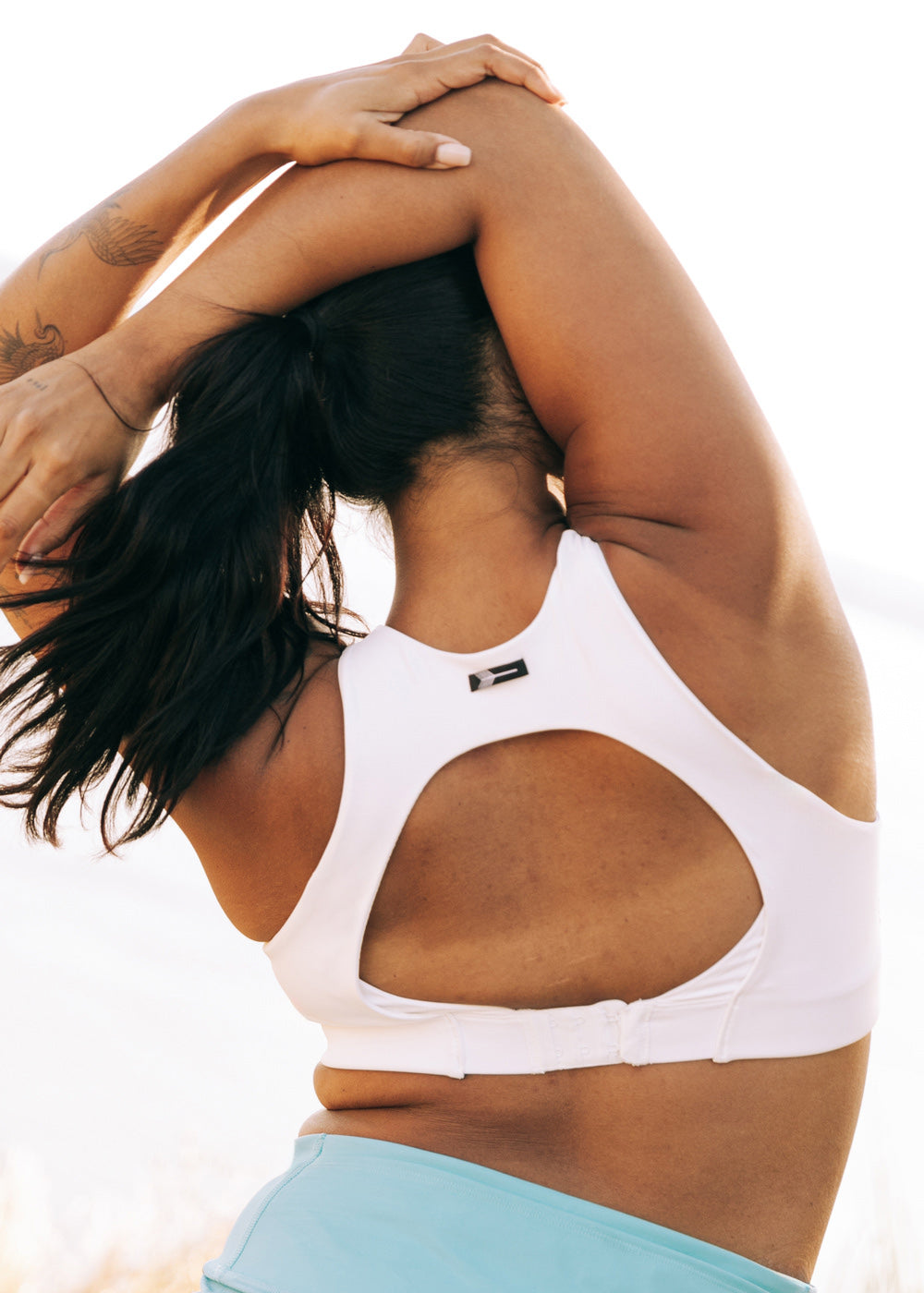 Squared Up Open Back Sports Bra in White, back