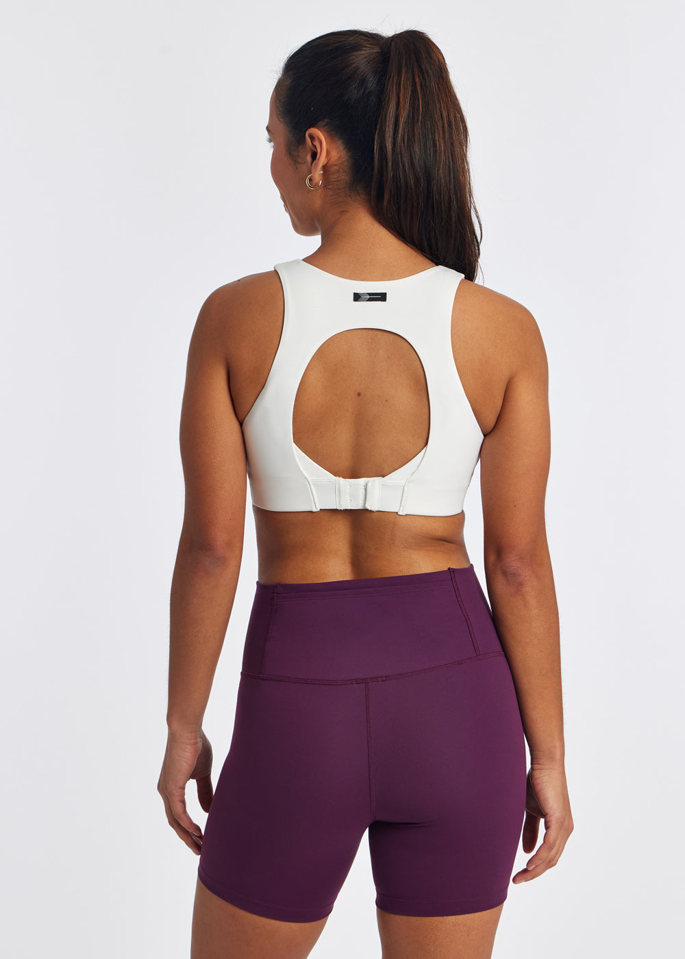 Squared Up Open Back Sports Bra in White, back view