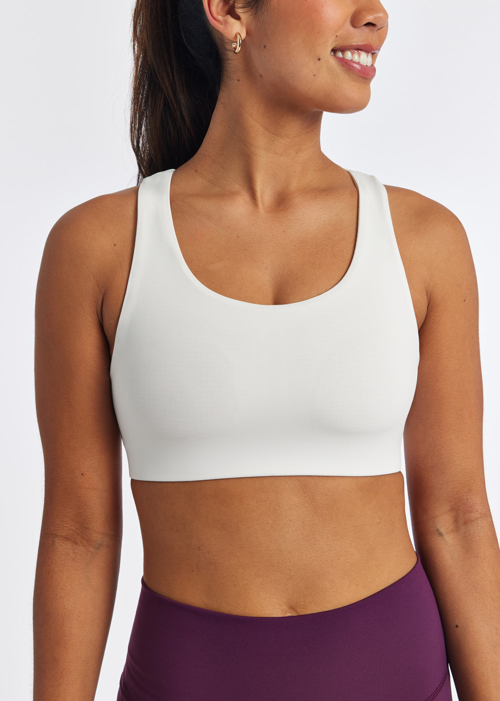 Squared Up Open Back Sports Bra in White, front detail view