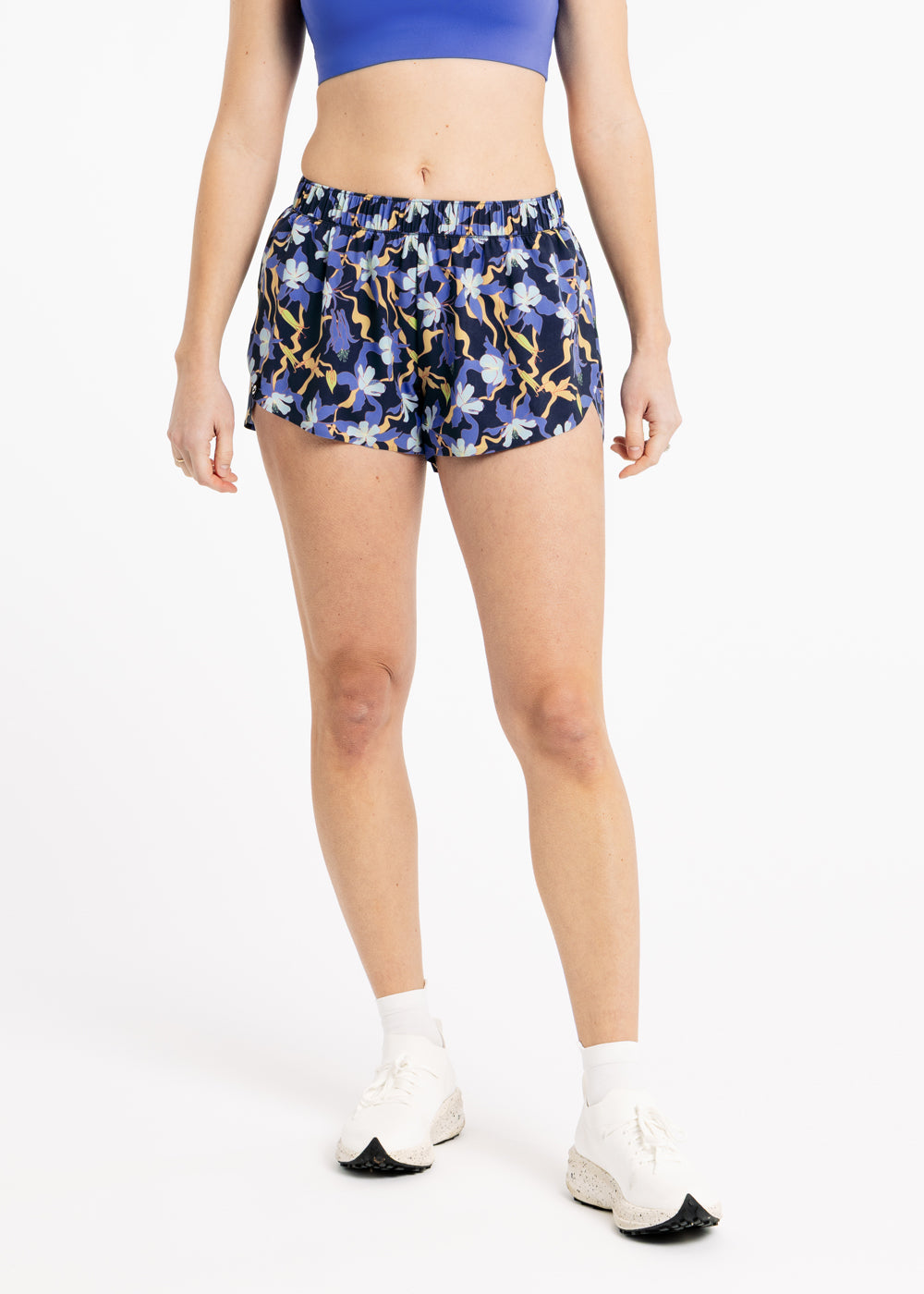 Running Shorts 2.5" inseam in blue floral print, front view
