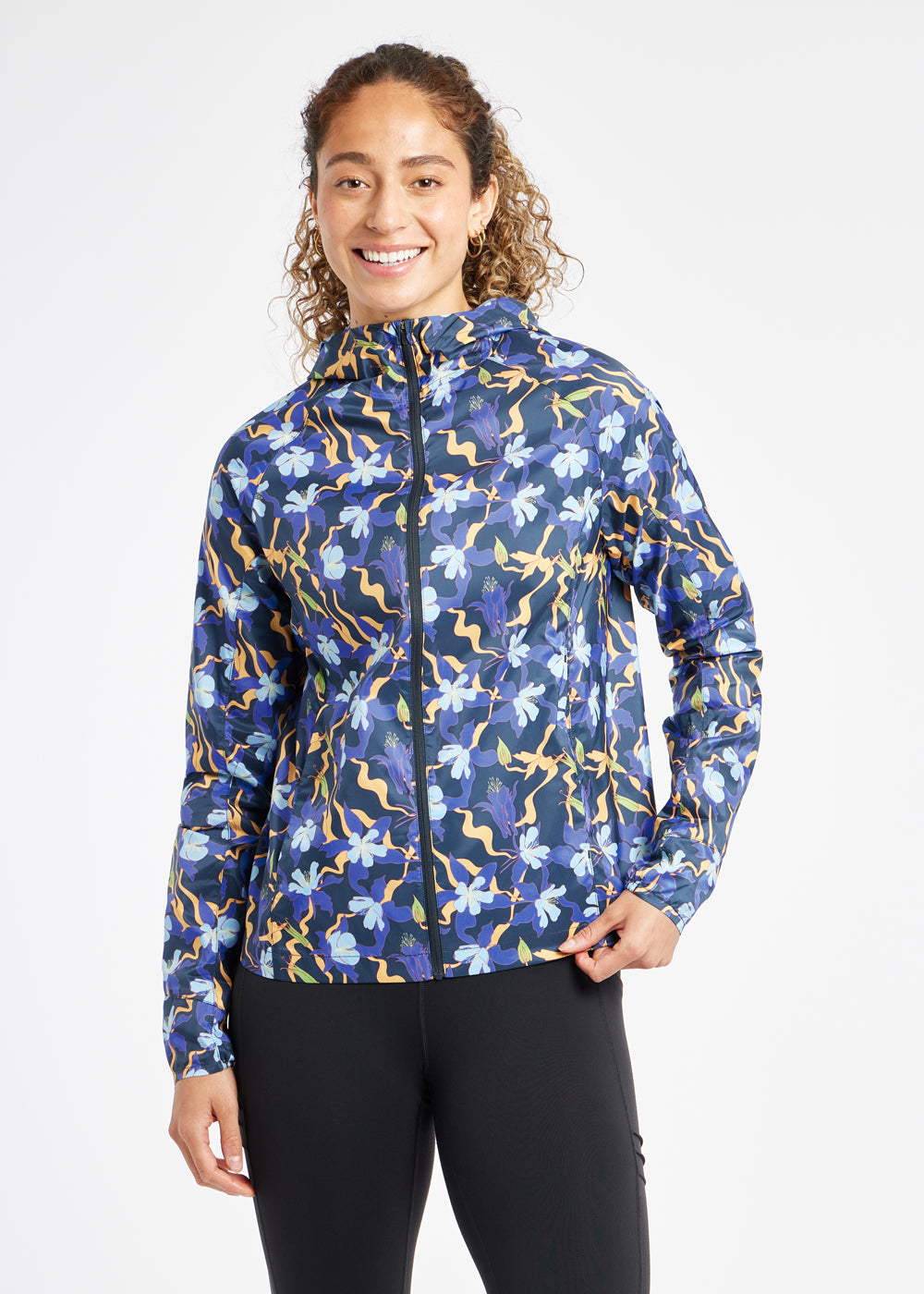 Whirlwind Running Jacket in Ink Blue Aquila Bloom Floral Print, front view
