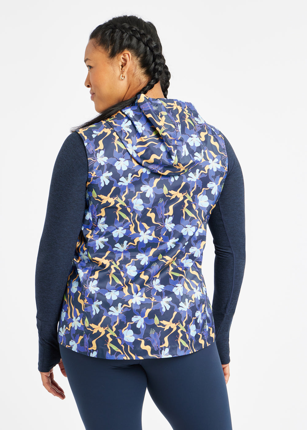 Whirlwind Running Vest in Ink Blue Aquila Bloom Floral Print, back view