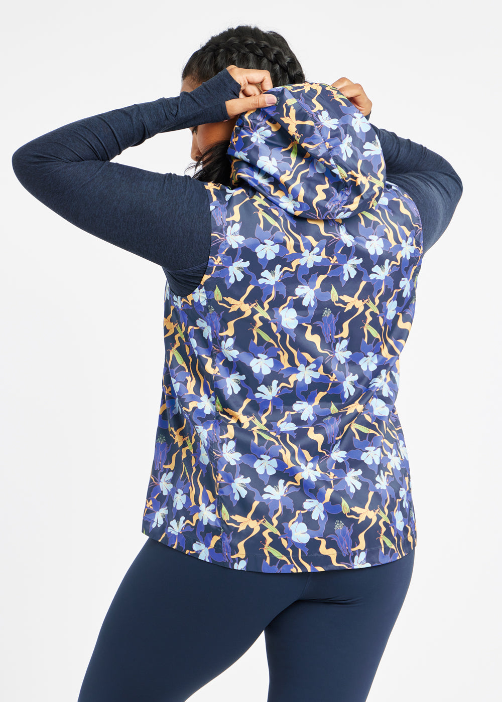 Whirlwind Running Vest in Ink Blue Aquila Bloom Floral Print, hood detail