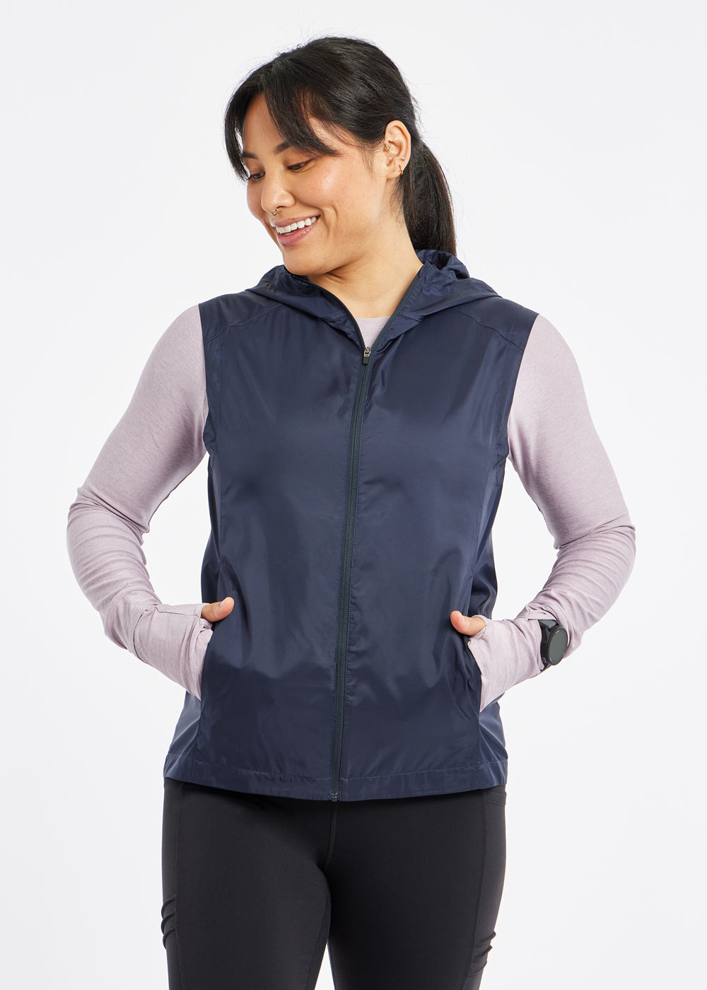 Whirlwind Vest, a wind resistant running vest in Ink Blue, front view