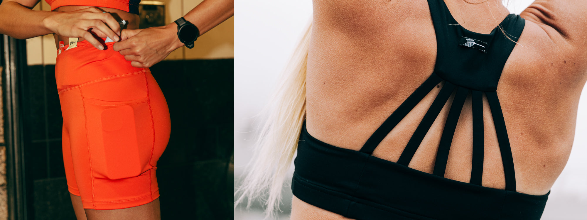 Oiselle orange athletic shorts and black sports bra with cut-out design