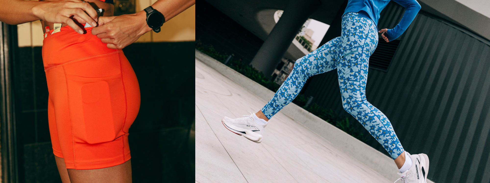 Close up photos of various pockets in Oiselle Pockito collection