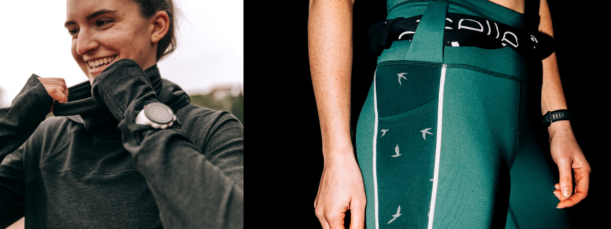 Woman wearing Oiselle hooded long sleeve with a cowl neck