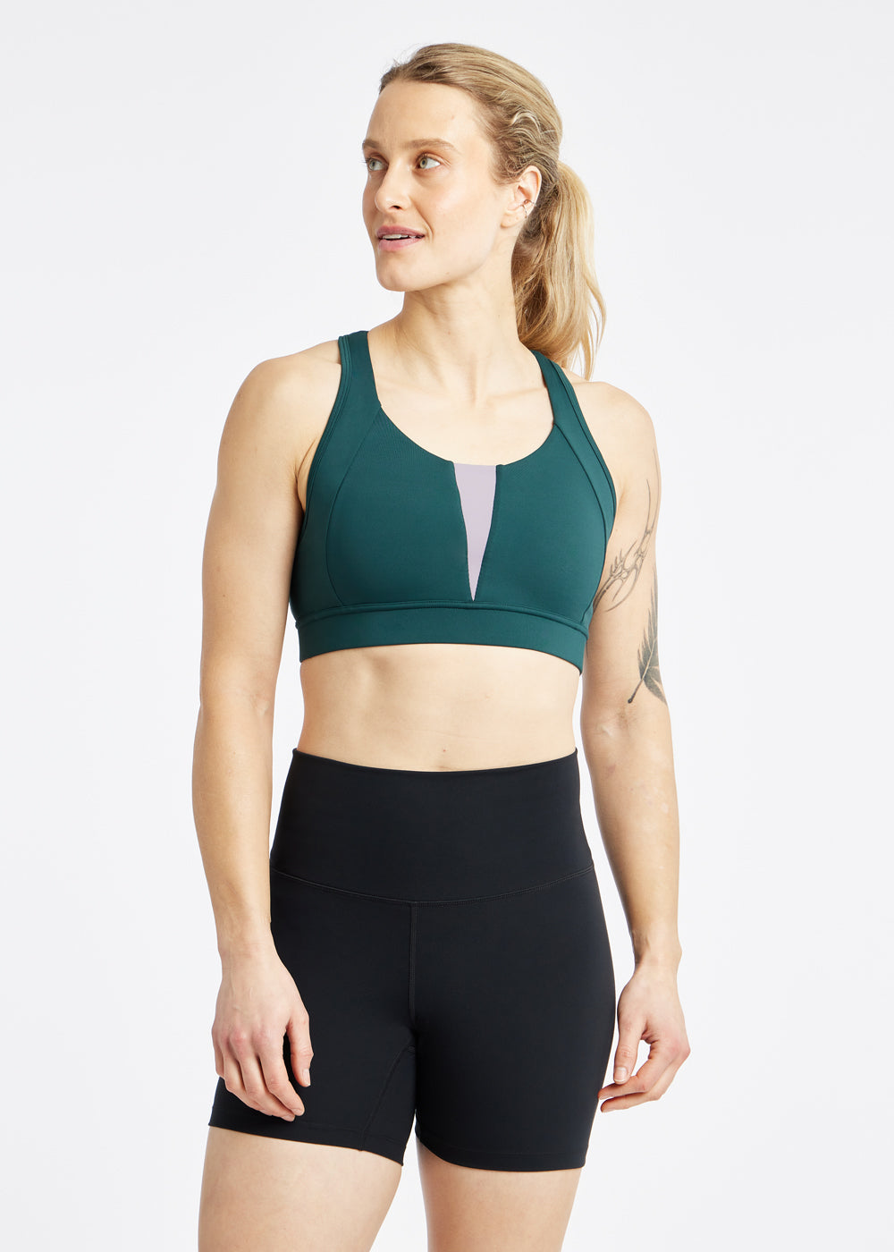 Double Breasted Sports Bra in Juniper green, front