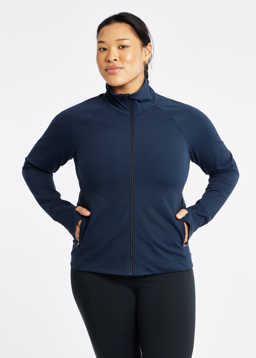 Essential Bird Full Zip Jacket in Ink Blue, front pocket view