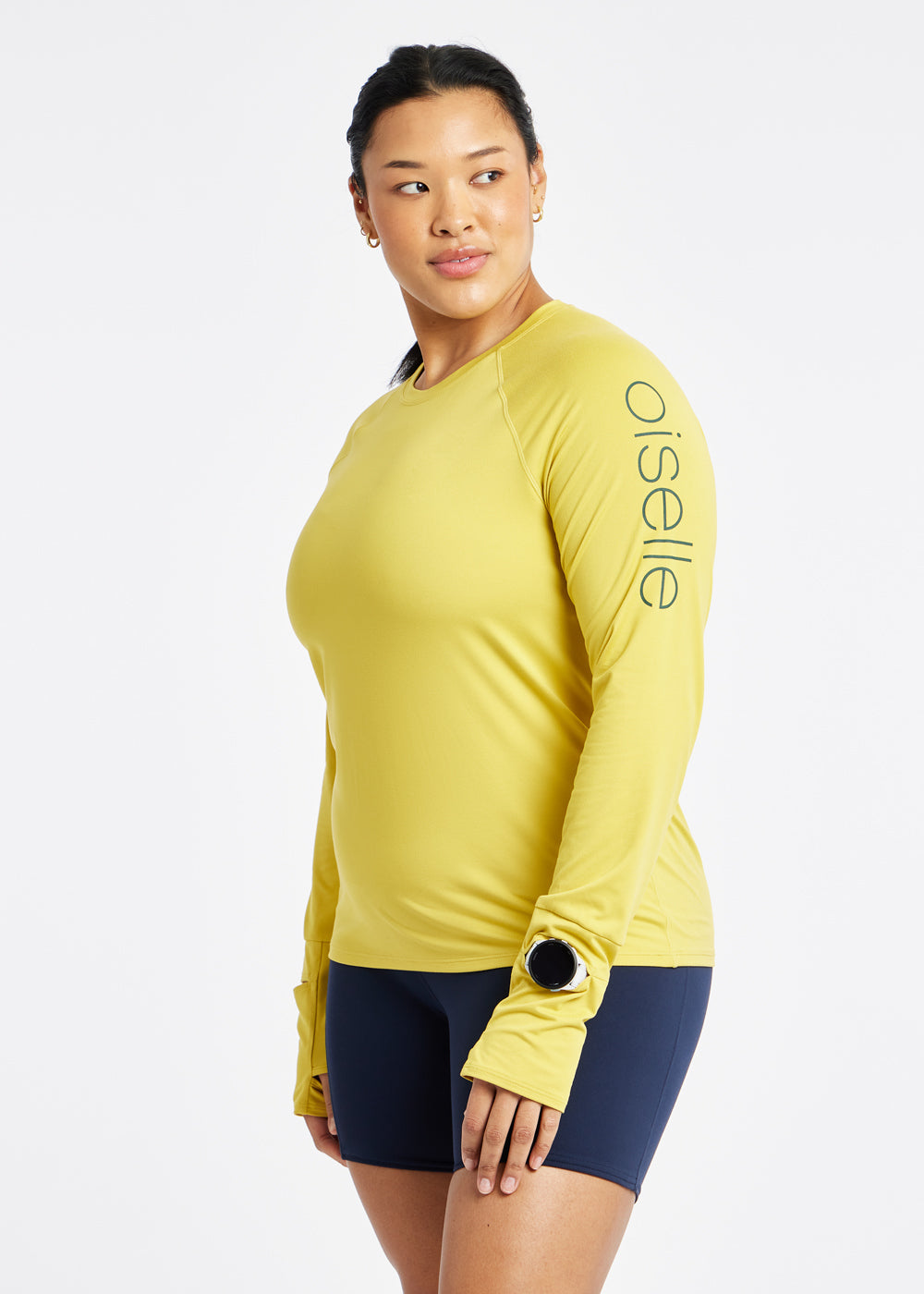 Essential Bird Graphic Long Sleeve in Saffron yellow, arm view