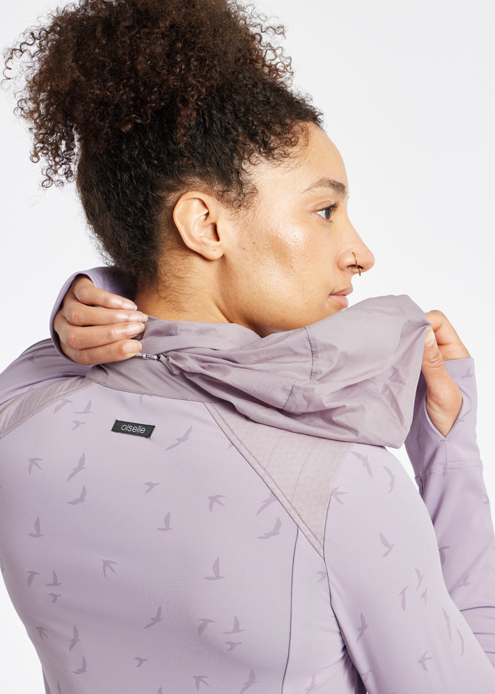 Firecracker Insulated Running Jacket in Lavender Purple, hood detail