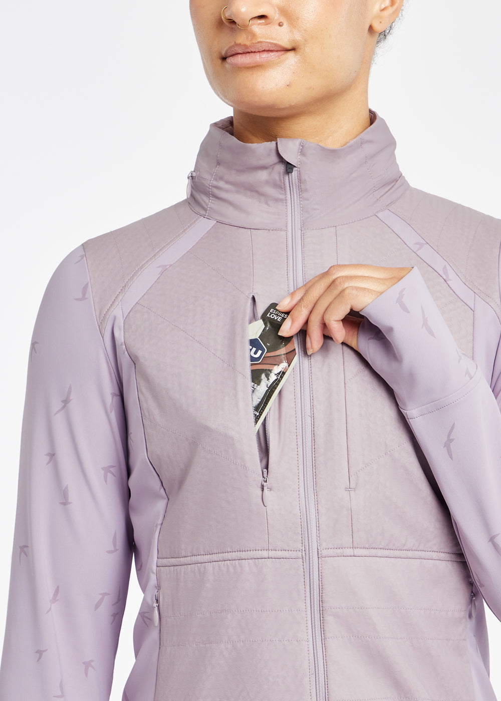 Firecracker Insulated Running Jacket in Lavender Purple, front pocket detail