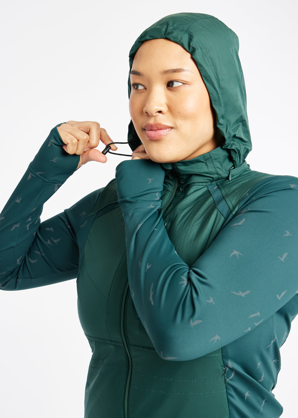 Firecracker Insulated Running Jacket in Juniper green, hood detail view