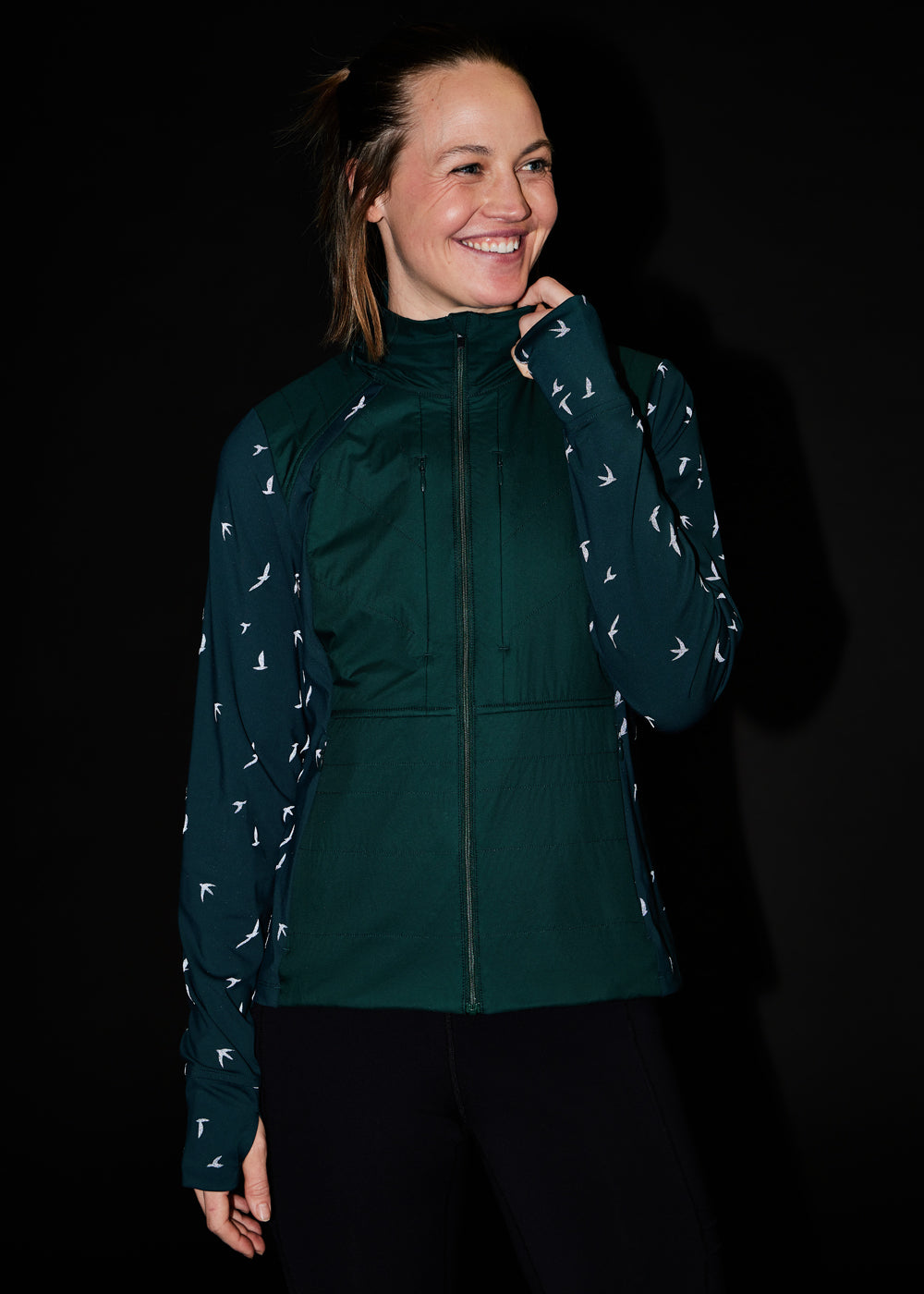 Firecracker Insulated Running Jacket in Juniper green, front view
