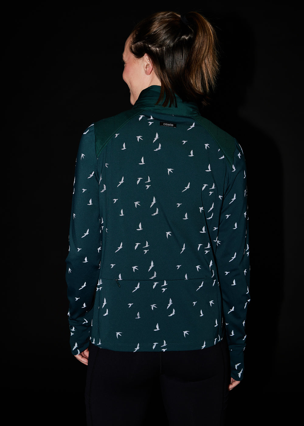 Firecracker Insulated Running Jacket in Juniper green, back view