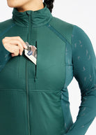 Firecracker Insulated Running Jacket in Juniper green, front pocket view