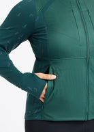 Firecracker Insulated Running Jacket in Juniper green, front detail