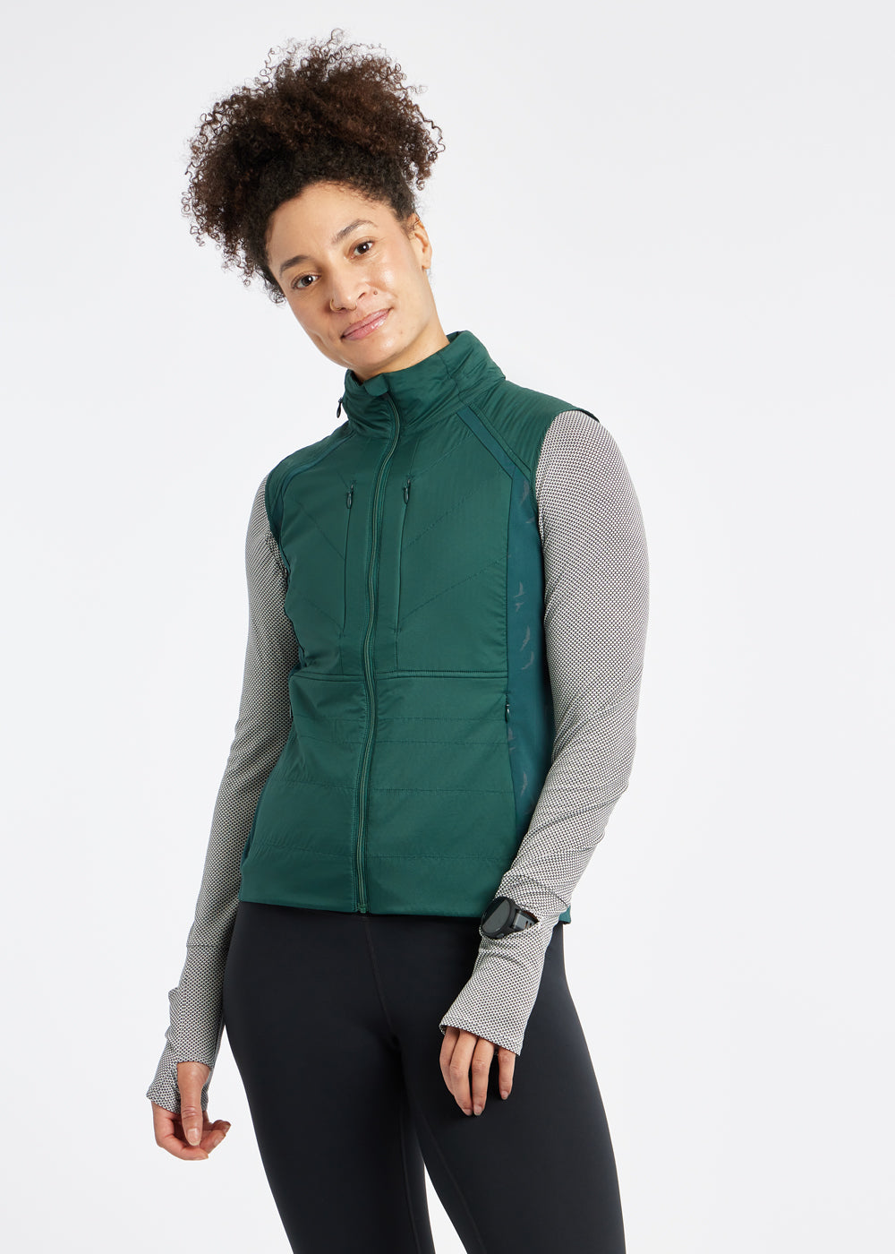 Firecracker Insulated Running Vest in Juniper green, front