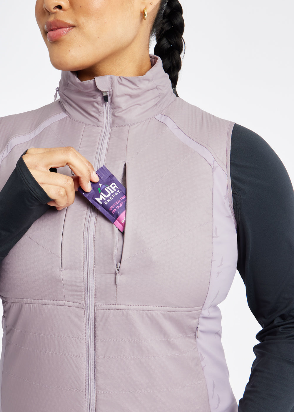 Firecracker Insulated Running Vest in Lavender purple, front pocket detail