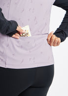 Firecracker Insulated Running Vest in Lavender purple, back pocket detail 