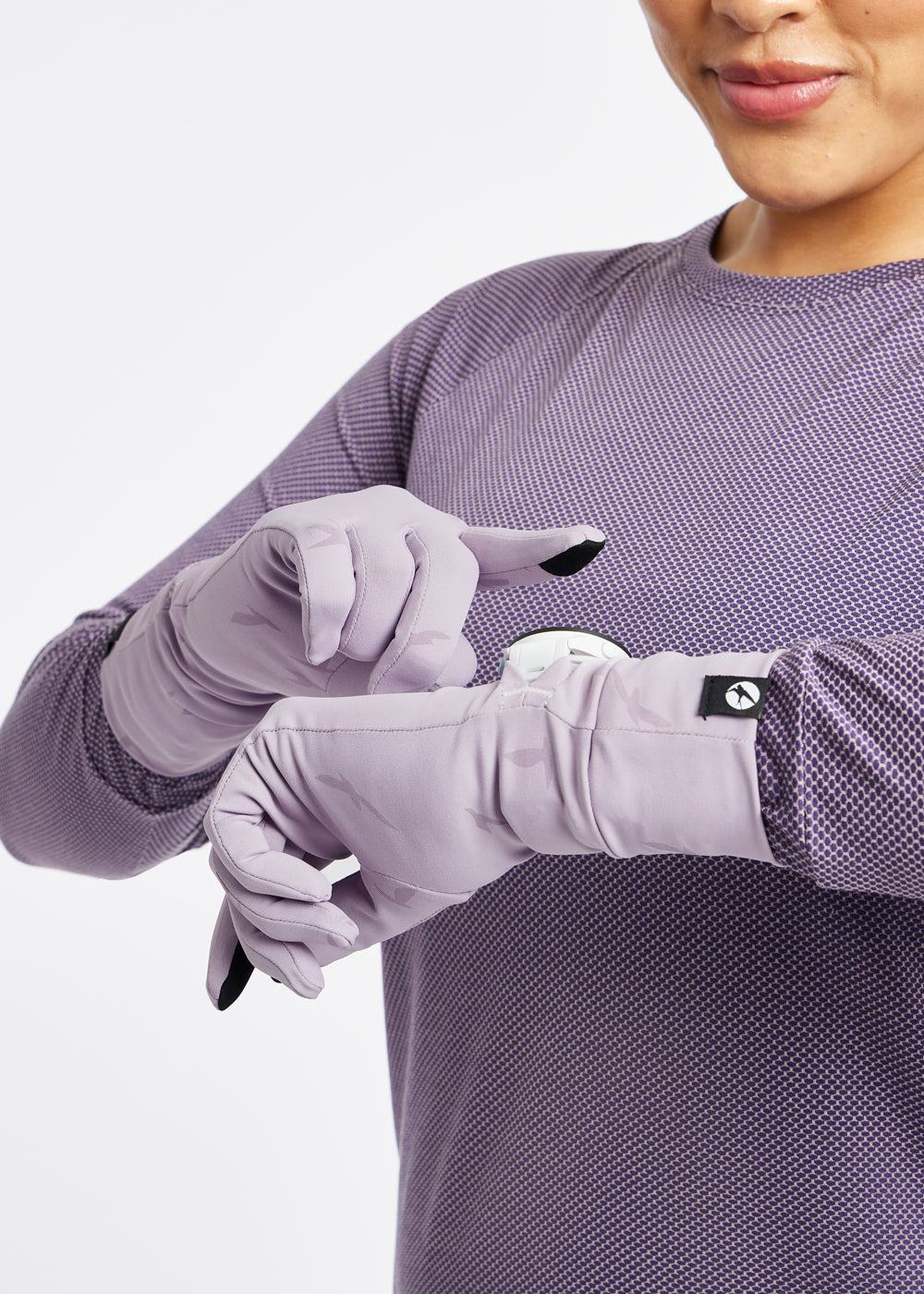 Firecracker Watch Window Running Gloves in Lavender purple, with touch screen compatible fingertips