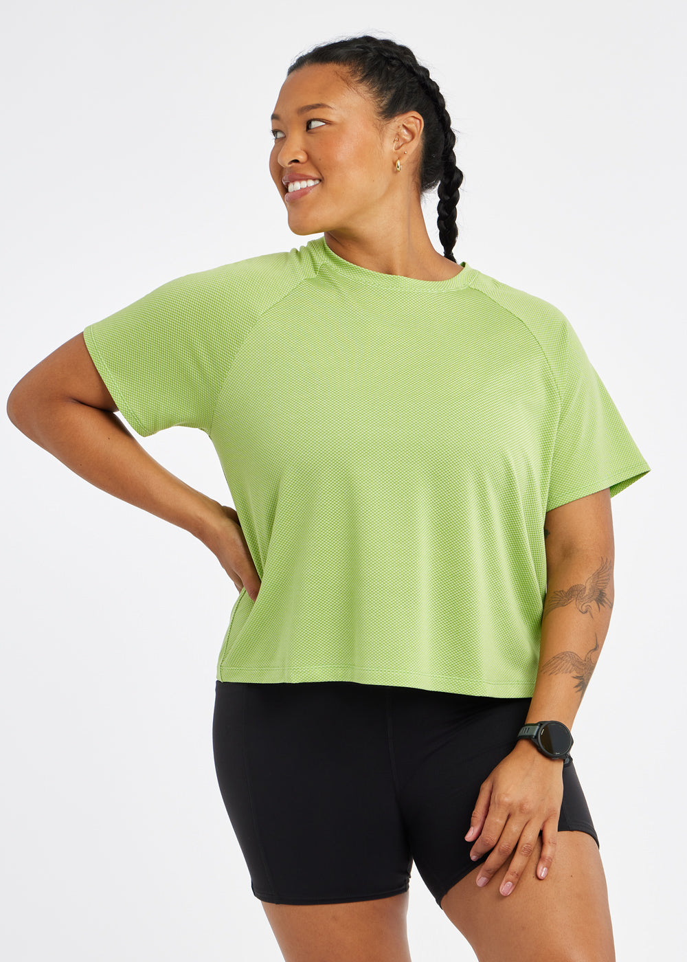 Flyout Boxy Short Sleeve in Green Limelight, front view