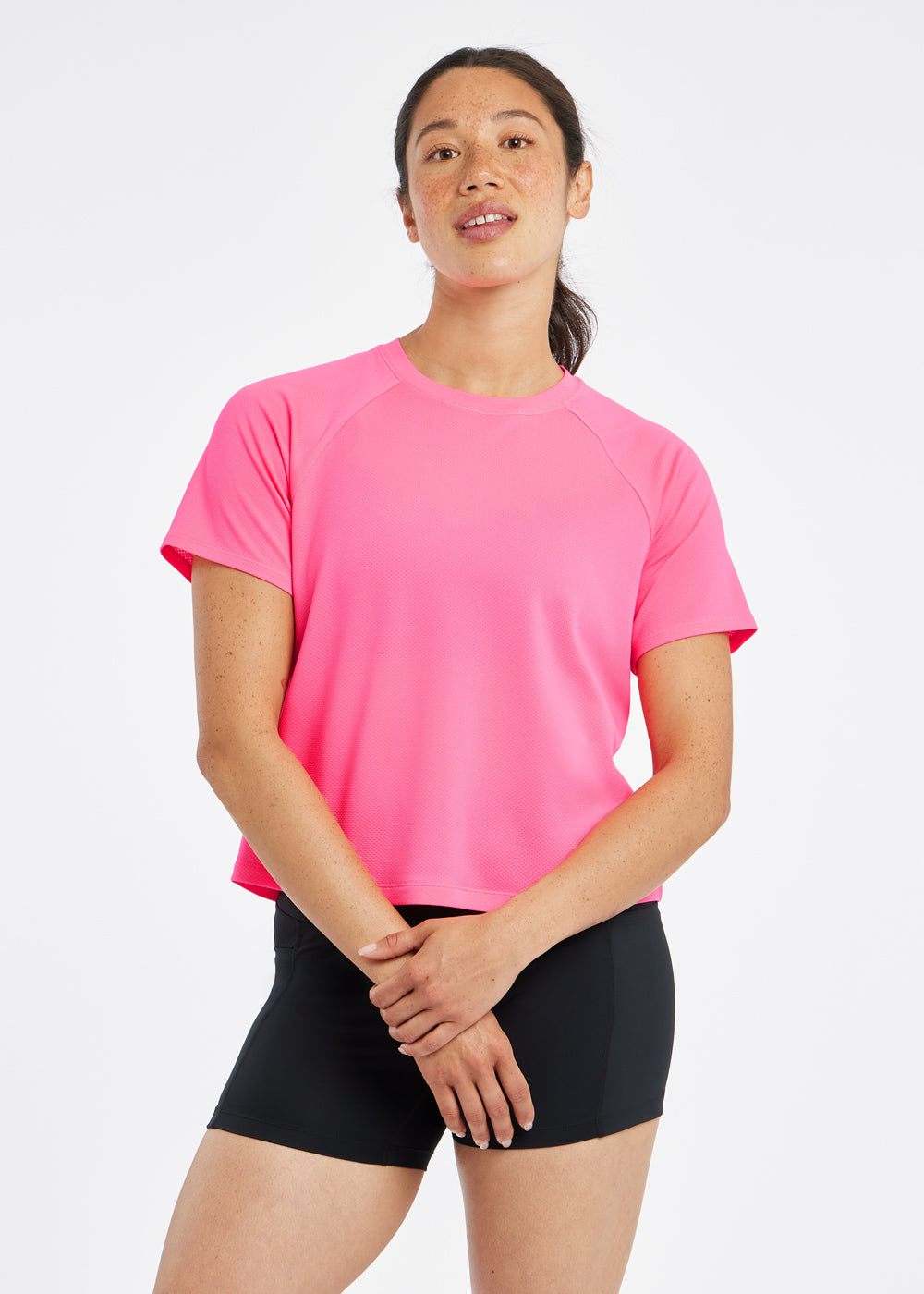 Flyout Boxy Short Sleeve in Neon Pink, front view