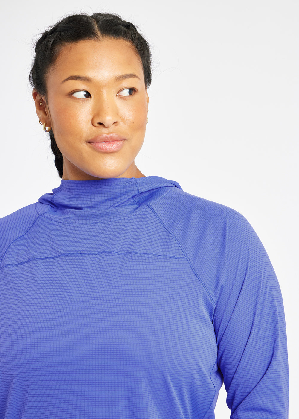 Flyout Chill UPF Lightweight Running Hoodie in Blue Rapids, front neckline view
