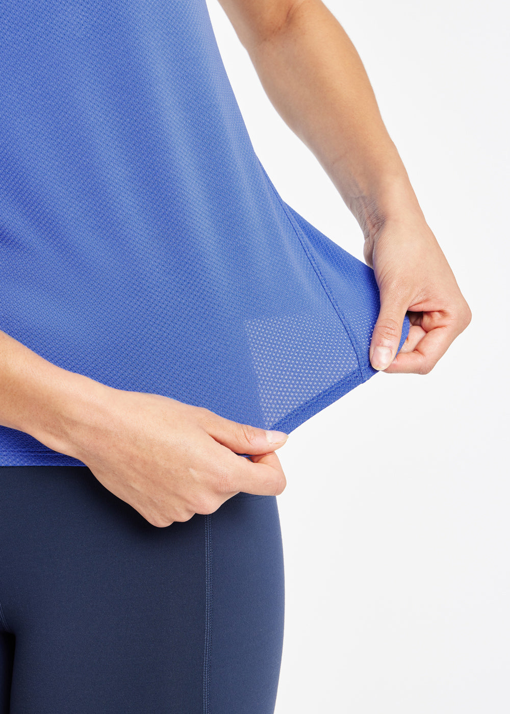 Flyout Racerback Running Tank in Blue Rapids, fabric detail close up