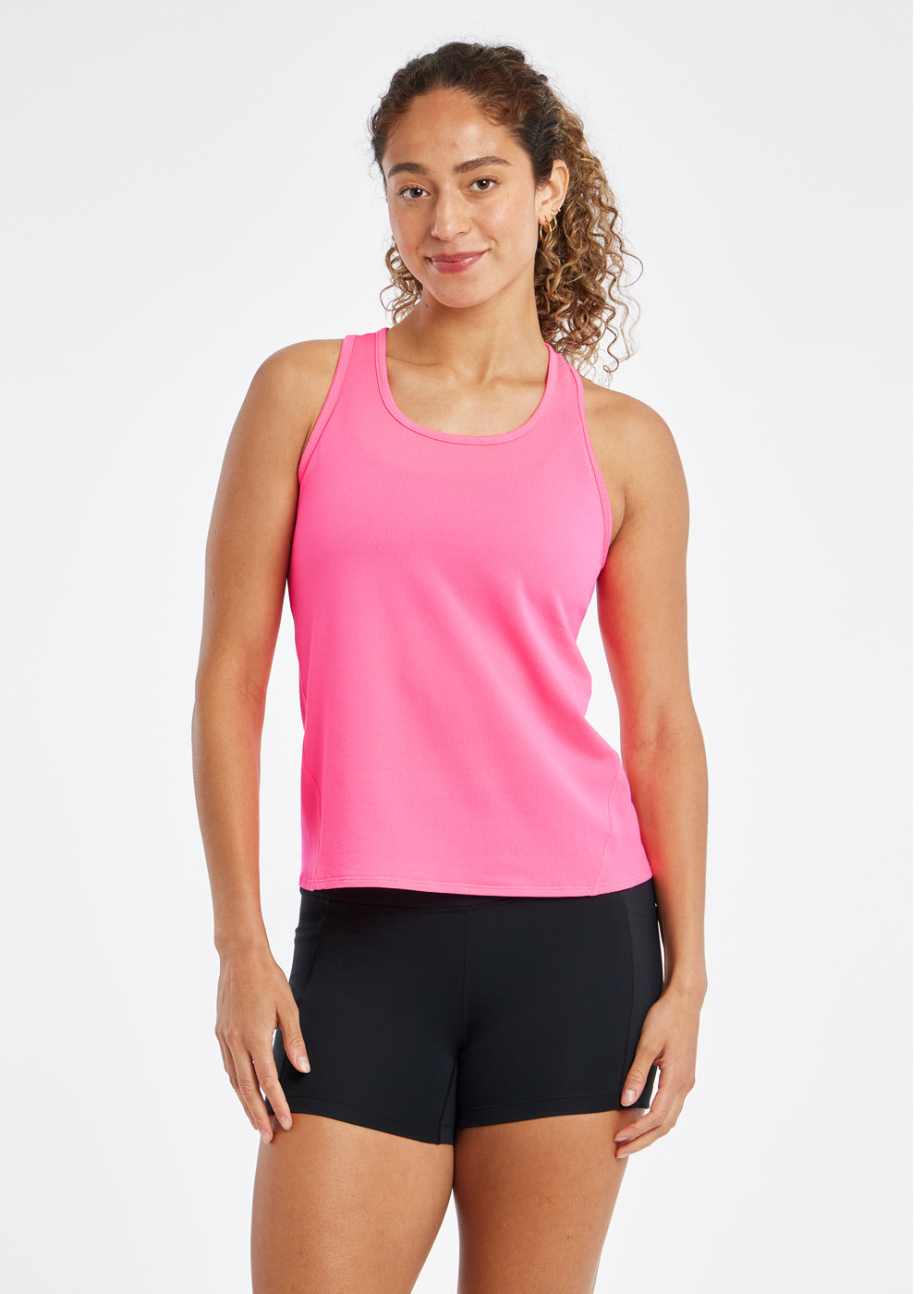 Flyout Racerback Running Tank in Neon Pink, front