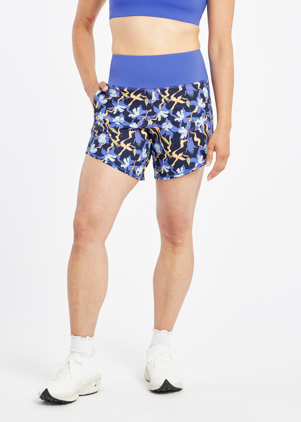 High Rise Roga 6" Running Shorts in blue floral print, front view